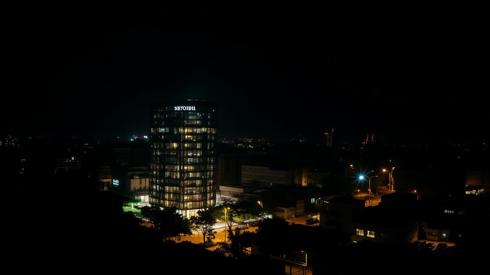 A single Nairobi office building lit up at night while surrounding city is dark from a blackout