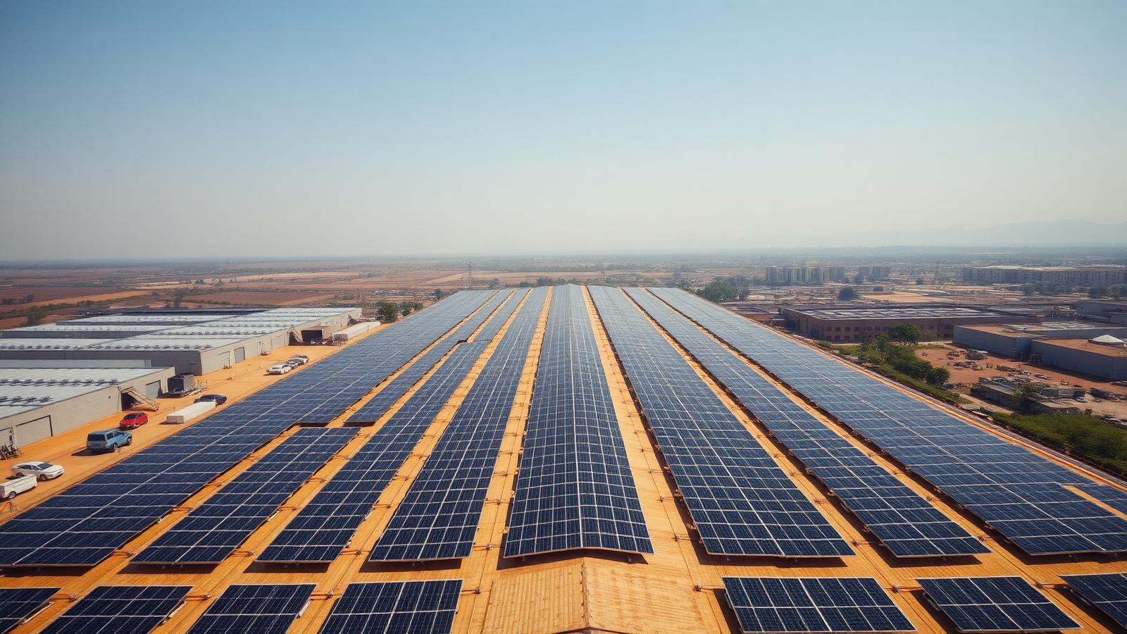 Aerial view of a Kenyan warehouse rooftop covered in solar panels