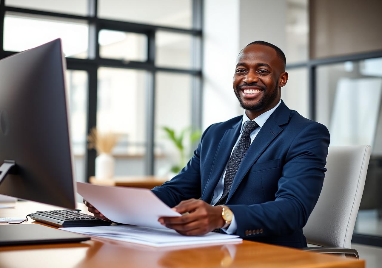 Kenyan business owner in a suit reviewing solar ROI documents at his desk