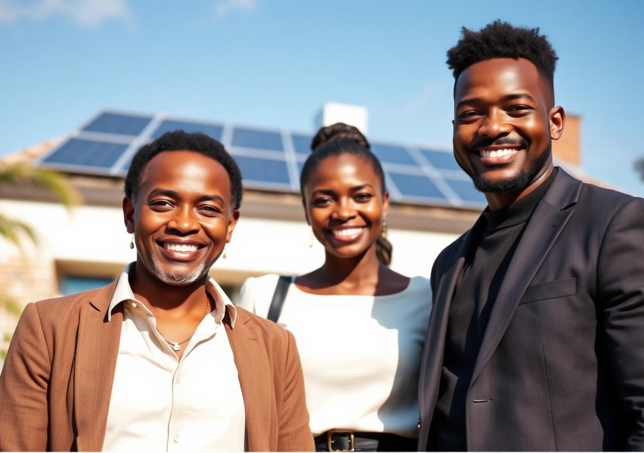 Smiling Kenyan family standing outside their solar-powered home