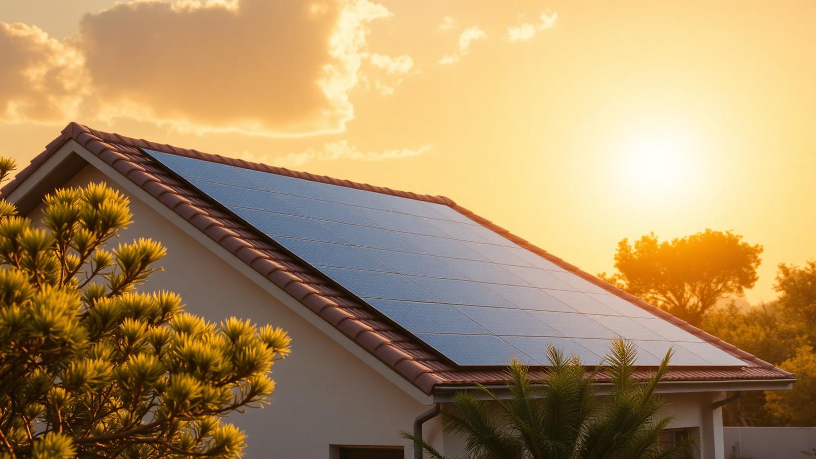 Modern Kenyan home with rooftop solar panels at golden hour