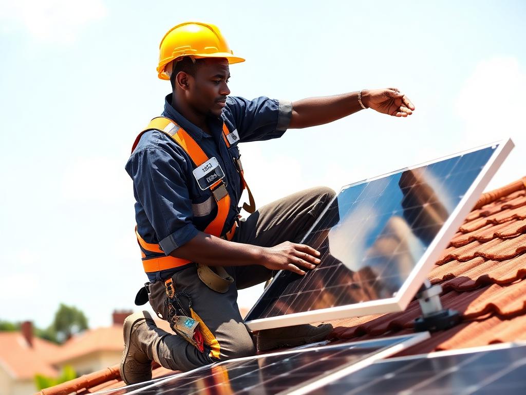 Solar technician from SunTech Kenya installing panels on a Kenyan rooftop