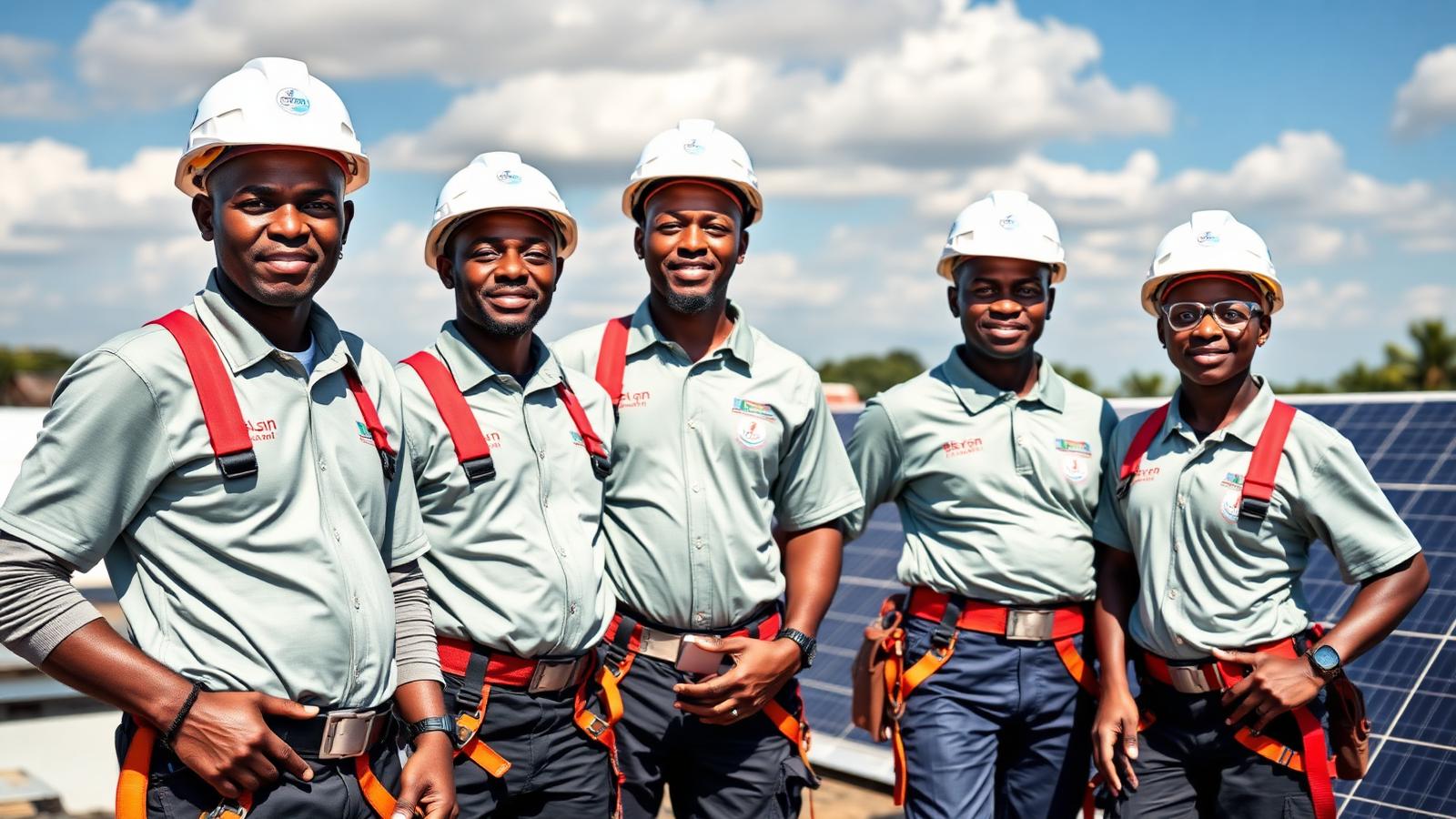 Team of Kenyan solar installers in branded uniforms and hard hats on a rooftop