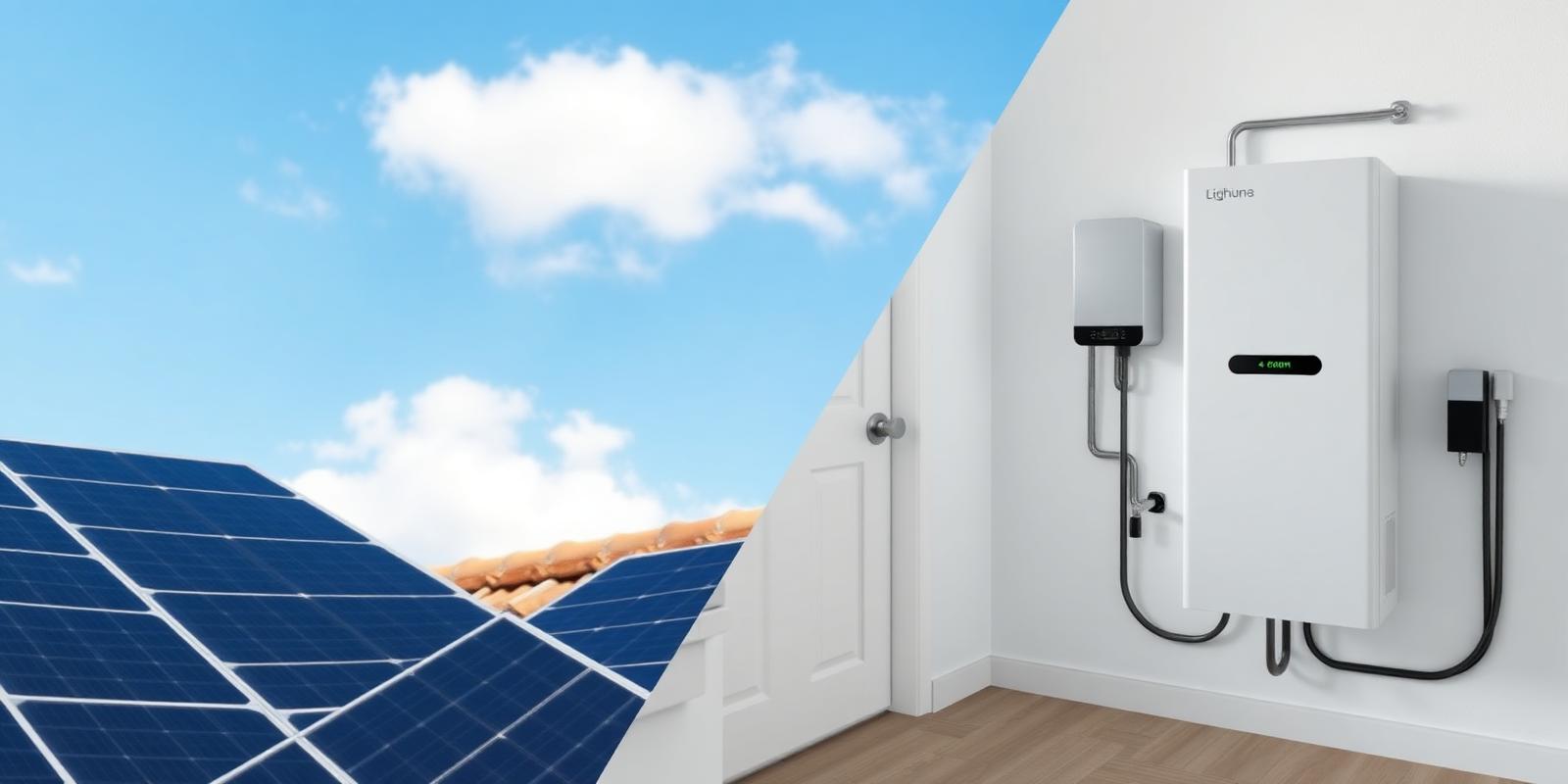 Split view: rooftop solar panels on the left, wall-mounted home battery storage unit on the right