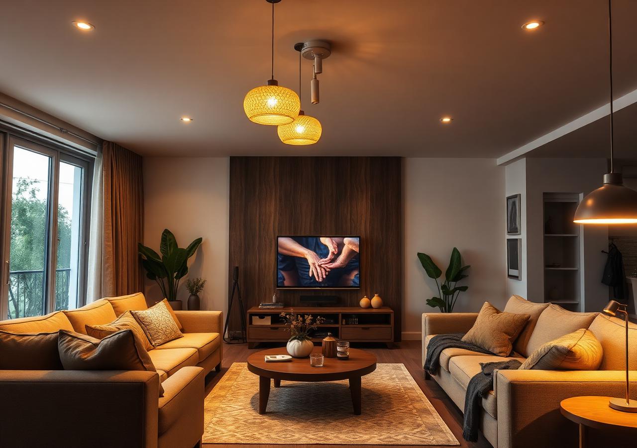 Warm cosy interior of a Kenyan family home in the evening, powered by solar